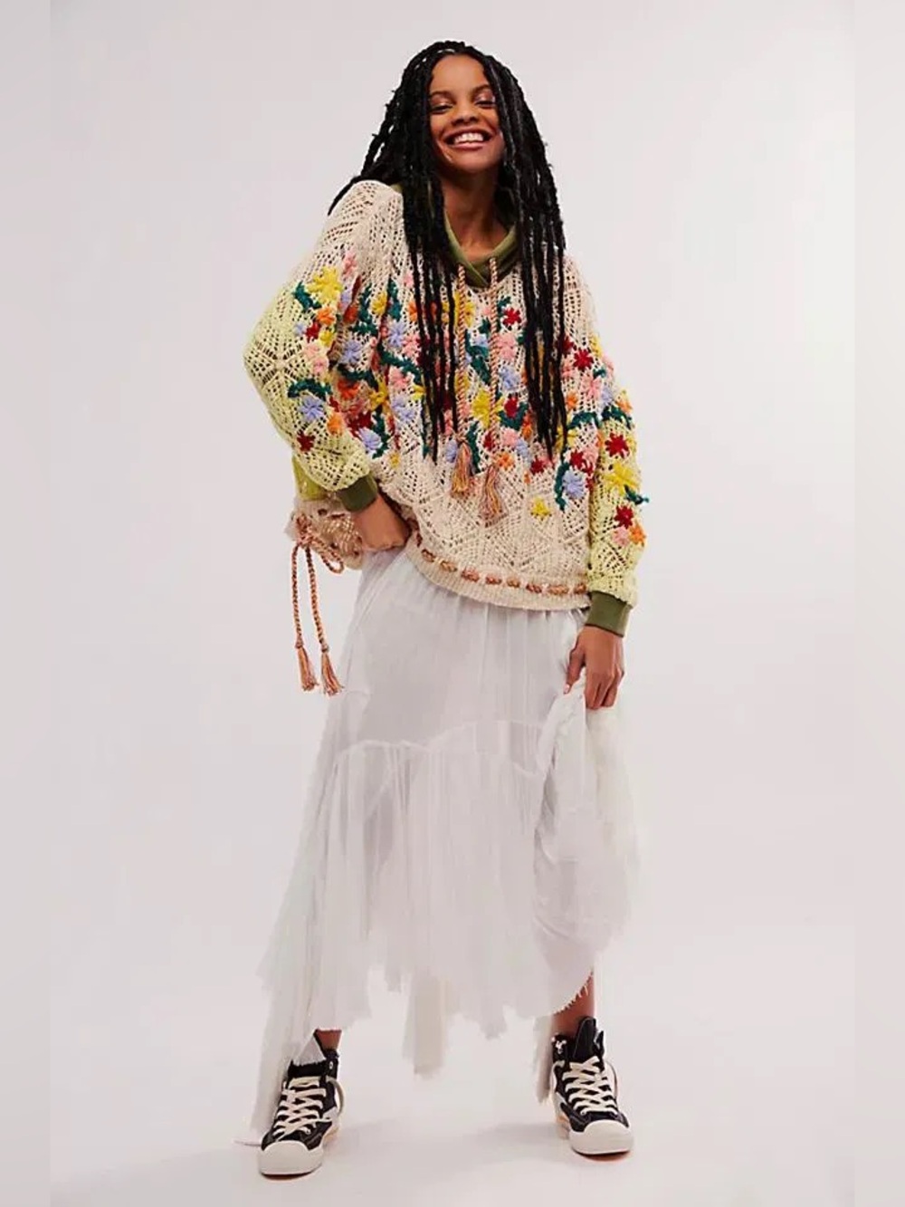 Free People Wild Meadow Pullover Hoodie Crochet Floral Knit Sweater Small NWOT